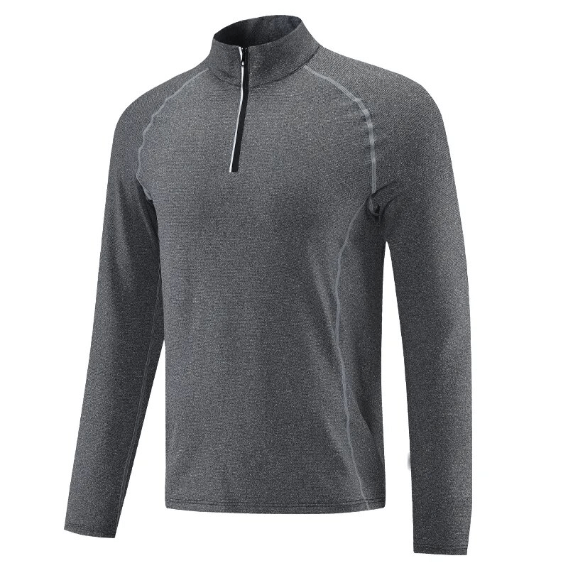 Men's sports pullover with long sleeves and stand collar, ideal for fitness activities, featuring reflective strips and zipper front.